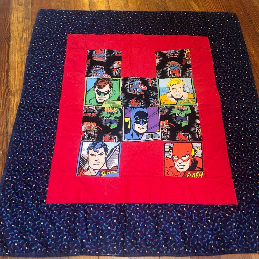 Rare Vintage Handmade Superhero Quilt DC Marvel Comics Batman Superman
